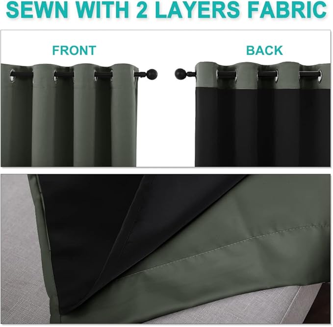 NICETOWN Dark Mallard 100% Blackout Lined Curtains, 2 Thick Layers Completely Blackout Window Treatment Thermal Insulated Drapes for Kitchen/Bedroom (1 Pair, 62" Width x 63" Length Each Panel)