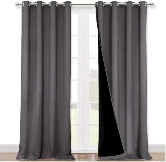NICETOWN 100% Blackout Blinds, Laundry Room Decor Window Treatment Curtains for Large Patio Sliding Door, Thermal Insulated Grey Curtains for Bedroom, Set of 2, 52 inches x 108 inches