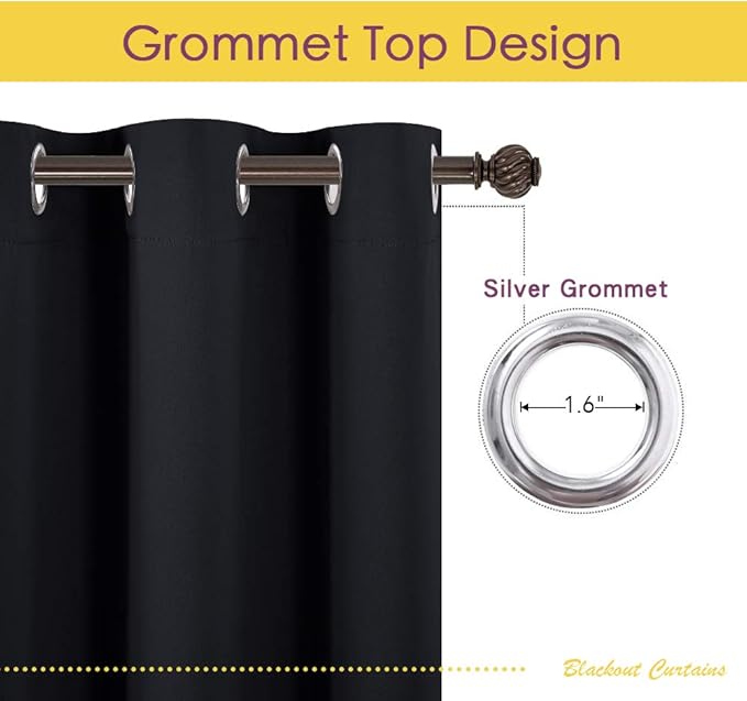 NICETOWN Living Room Curtains 80 inch Length 2 Panels Set, Black, W34, Blackout Thermal Insulated Window Treatment Solid Grommet Room Darkening for Bedroom/Home Office