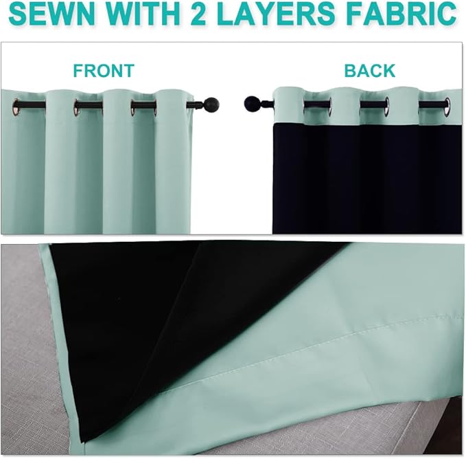 NICETOWN Aqua Blue 100% Blackout Lined Curtains, 2 Thick Layers Completely Blackout Window Treatment Panels Thermal Insulated Drapes for Kitchen (1 Pair, 42" Width x 63" Length Each Panel)