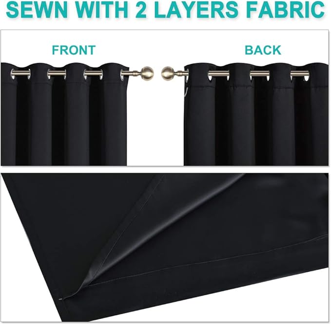 NICETOWN Extra Long Truly Blackout Drapes for Hall and Villa, 52-inch Width Each Panel, 120-inch Length, Black, 2 Pieces, 100% Blackout Window Curtain Panels with Black Lined for Night Shift Worker