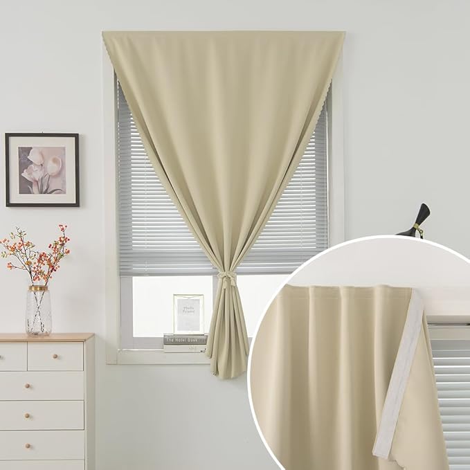 Self Adhesive Portable Blackout Curtains for Bedroom Easy to Install Window Thermal Lnsulated Kitchen Room Darkening Small Window Curtains, Cortinas Para Cuarto, 47"W X 79"L, Beige, 1 Panel