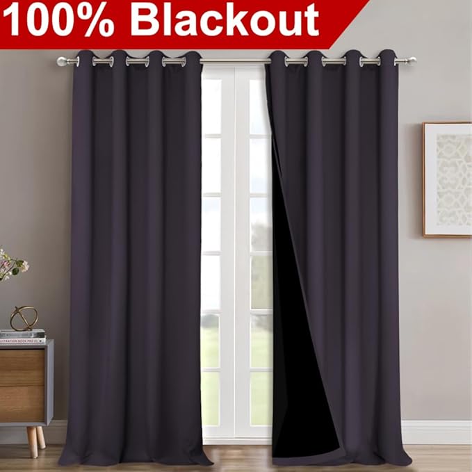 NICETOWN 100% Blackout Curtains for Windows, Pack of 2, 52" W x 108" L, Greyish Purple, Super Heavy-Duty Black Lined Total Darkness Drapes for Bedroom, Privacy Assured Window Treatment for Patio