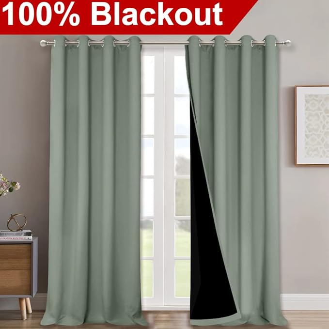 NICETOWN Full Shading Curtains for Windows, Super Heavy-Duty Black Lined Blackout Curtains for Bedroom, Privacy Assured Window Treatment (Greyish Green, Pack of 2, 52 inches W x 95 inches L)