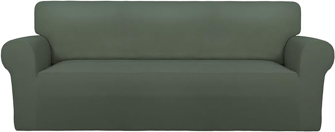 PureFit Super Stretch Sofa Slipcover – Spandex Non Slip Soft Couch Sofa Cover, Washable Furniture Protector with Non Skid Foam and Elastic Bottom for Kids, Pets （Oversized Sofa, Grayish Green）