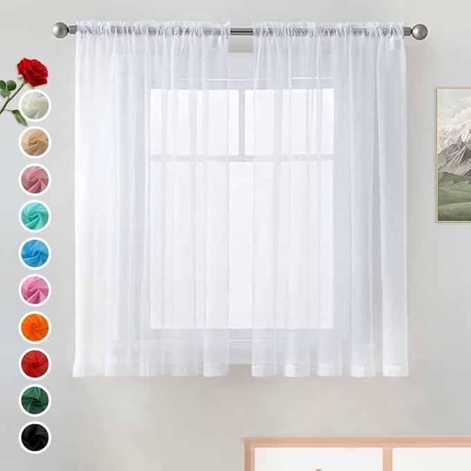 SpaceDresser Basic Rod Pocket Sheer Voile Window Curtain Panels White 1 Pair 2 Panels 38 Width 54 Inch Long for Kitchen Bedroom Children Living Room Yard(White,38 W x 54 L)