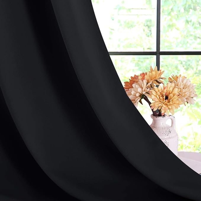 NICETOWN Blackout Draperies Window Curtain Panels, Autumn/Winter Thermal Insulated Solid Grommet Blackout Curtains/Drapes for Cafe (Set of 2, 70 inches by 72 inches, Black)