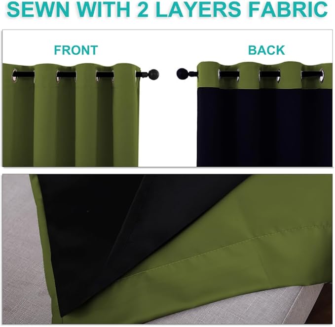 NICETOWN Full Shading Curtains 90" Long 2 Panels Set for Windows, Olive Green, Pack of 2, 52" W, Super Heavy-Duty Black Lined Blackout Curtains for Bedroom, Privacy Assured Window Treatment