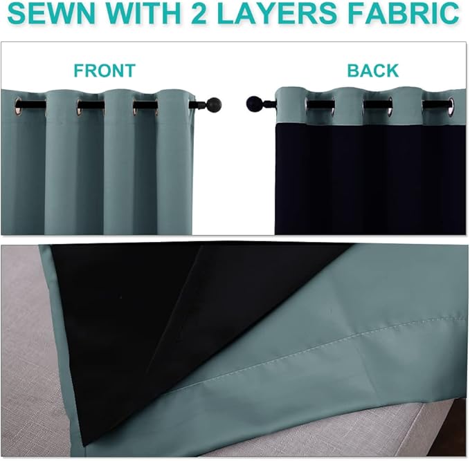 NICETOWN Greyish Blue 100% Blackout Lined Curtains, 2 Thick Layers Completely Blackout Window Treatment Panels Thermal Insulated Drapes for Kitchen (1 Pair, 42" Width x 63" Length Each Panel)