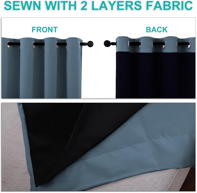 NICETOWN 100% Blackout Curtains for Windows, Pack of 2, Smoky Blue, 52" W x 120" L, Super Heavy-Duty Black Lined Total Darkness Drapes for Bedroom, Privacy Assured Window Treatment for Patio