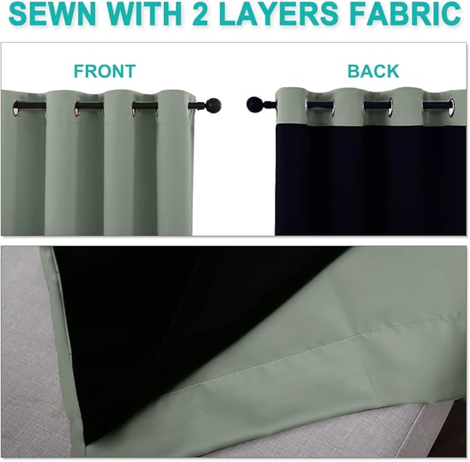NICETOWN Full Shading Curtains for Windows, Super Heavy-Duty Black Lined Blackout Curtains for Bedroom, Privacy Assured Window Treatment (Greyish Green, Pack of 2, 52 inches W x 95 inches L)