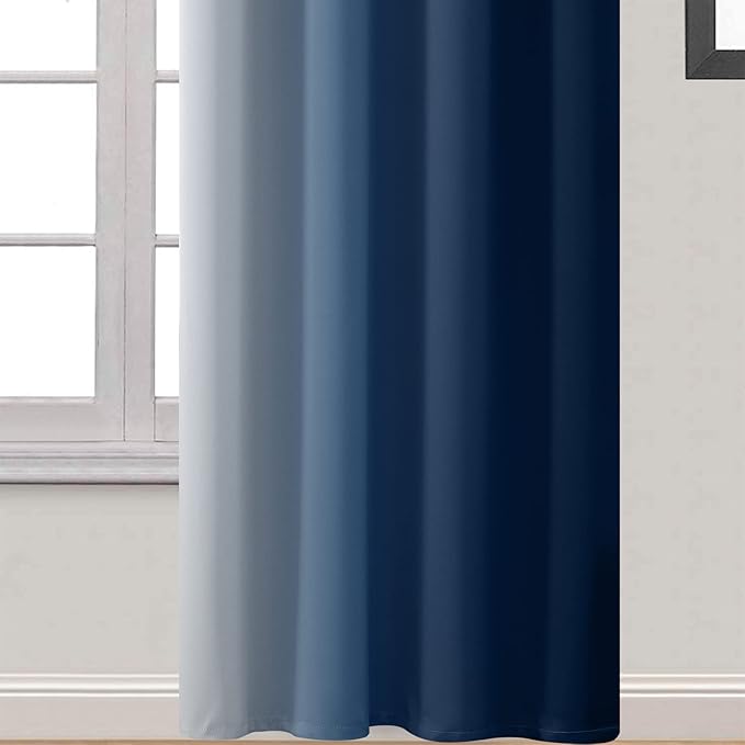 Yakamok 96 Inch Length Light Blocking Thermal Insulated Grommet Window Drapes, Room Darkening Gradient Color Ombre Curtains for Bedroom(Blue and Greyish White, 52x96 Inch, Set of 2)