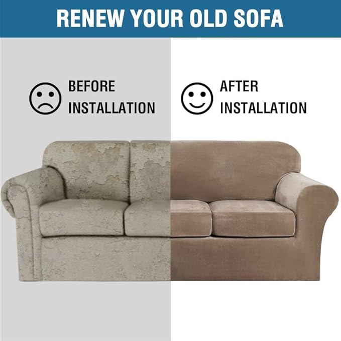 H.VERSAILTEX Velvet Plush 4 Piece High Stretch Sofa Slipcover Cover Furniture Protector Form Fit Thick Velvet Extra Large Sofa Cover for 3 Cushion Couch Width Up to 105 Inch (XL Sofa, Camel)
