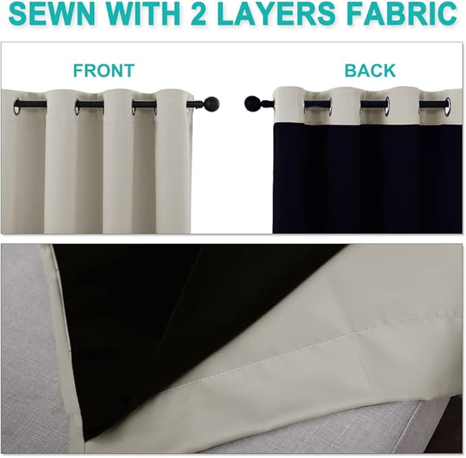 NICETOWN Natural 100% Blackout Curtains for Windows, Pack of 2, 52 inches W x 120 inches L, Super Heavy-Duty Black Lined Total Darkness Drapes for Bedroom, Privacy Assured Window Treatment for Patio