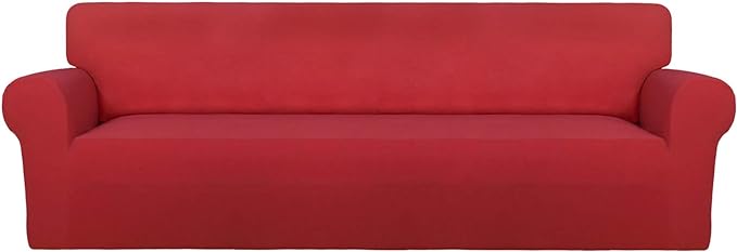 PureFit Super Stretch 4 Seater Sofa Slipcover – Spandex Non Slip Soft Couch Sofa Cover, Washable Furniture Protector with Non Skid Foam and Elastic Bottom for Kids, Pets （XX Large, Red）