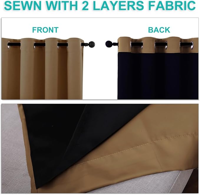 NICETOWN Full Shade Curtain Panels, 37" Wide x 80" Long, Gold Brown, Pair of Thermal Insulated & Energy Efficiency Blackout Drapes for Living Room, Lined Silky Performance Window Dressing
