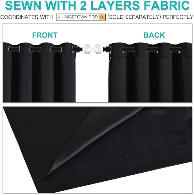 NICETOWN Complete 100% Blackout Curtain Set, Thermal Insulated & Energy Efficiency Window Draperies with Black Liner, Noise Reducing Short Curtains for Kids Room (Black, 42"W by 63"L, Double Panels)
