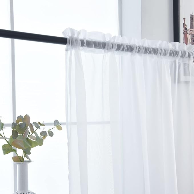 SpaceDresser Sheer Voile Window Treatment Rod Pocket Curtain Panels for Kitchen Bedroom Living Room Drapes Sunlight Filtering Privacy Semi Home Decor Assorted (White, 52 W x 128 L)