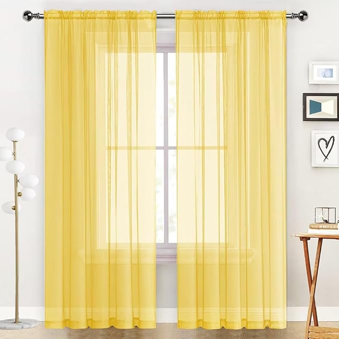 SpaceDresser Sheer Voile Window Treatment Rod Pocket Curtain Panels for Kitchen Bedroom Living Room Drapes Sunlight Filtering Privacy Semi Home Decor Assorted Colors Sizes (Yellow, 52 W x 63 L)