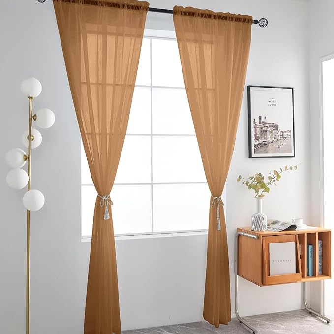 SpaceDresser Basic Rod Pocket Sheer Voile Window Curtain Panels Light Brown 1 Pair 2 Panels 52 Width 63 Inch Long for Kitchen Bedroom Children Living Room Yard（Light Brown, 52W x 63L）