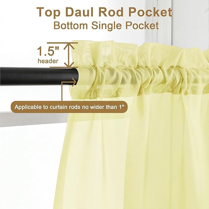 Chyhomenyc Sheer Curtains 45 Inch Long 2 Panels - Light Filtering Short Soft Airy Short Cafe Curtains, Modern Rod Pocket for Dinning Living Room Bedroom, 42Wx45L Inches, Light Yellow