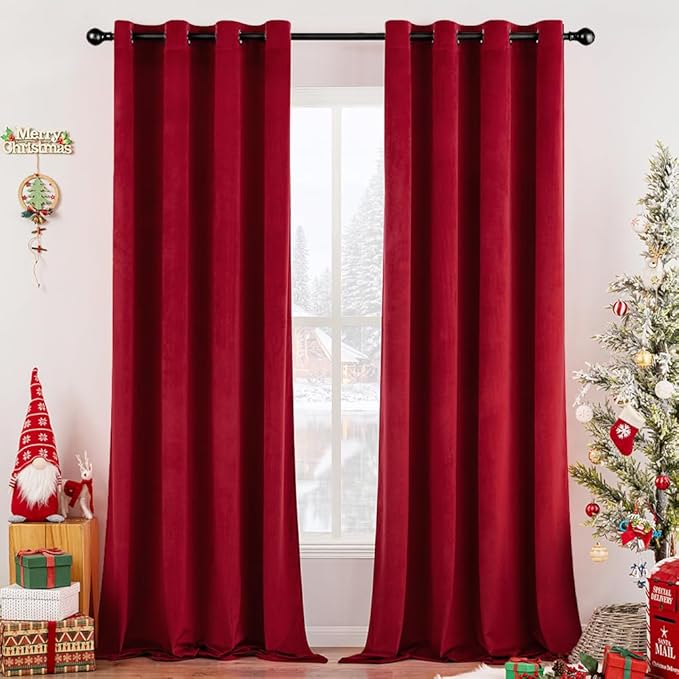 MIULEE Christmas Red Velvet Curtains Elegant Grommet Curtains Thermal Insulated Soundproof Room Darkening Black Out Curtains/Drapes for Classical Living Room Bedroom Decor 52 x 108 Inch Set of 2