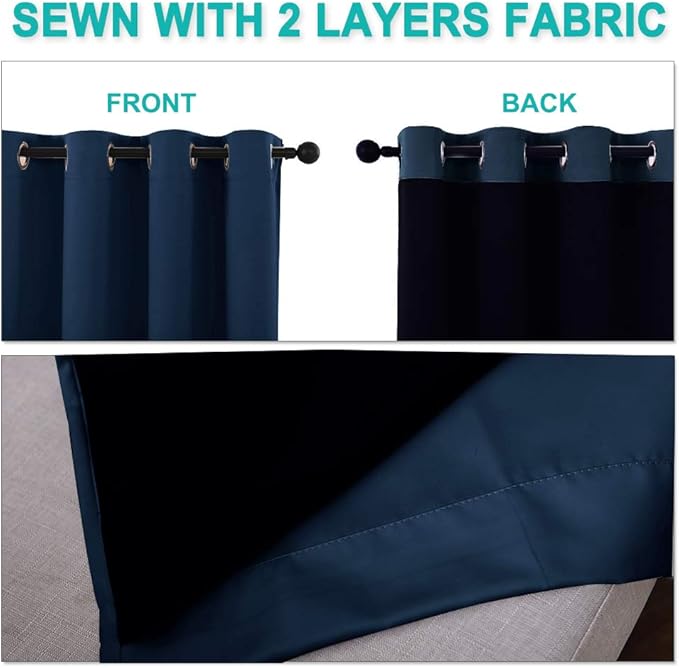 NICETOWN 100% Blackout Curtain Set, Thermal Insulated & Energy Efficiency Window Draperies for Guest Room, Full Shading Panels for Shift Worker and Light Sleepers, Navy Blue, 55W x 86L, 2 PCs