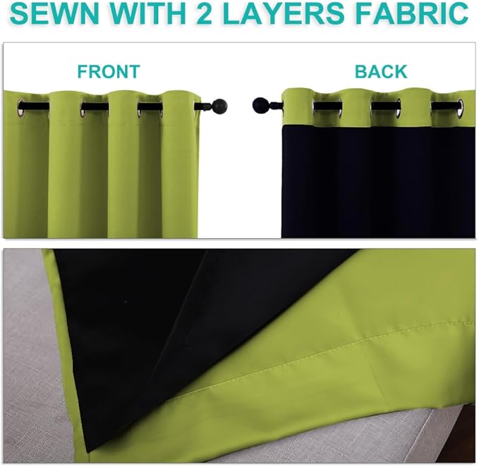 NICETOWN 100% Blackout Window Curtain Panels, Fresh Green, 2 Pieces, 62-inch Wide Per Panel, Full Light Blocking Drapes with Black Liner for Nursery, 72-inch Drop Thermal Insulated Draperies