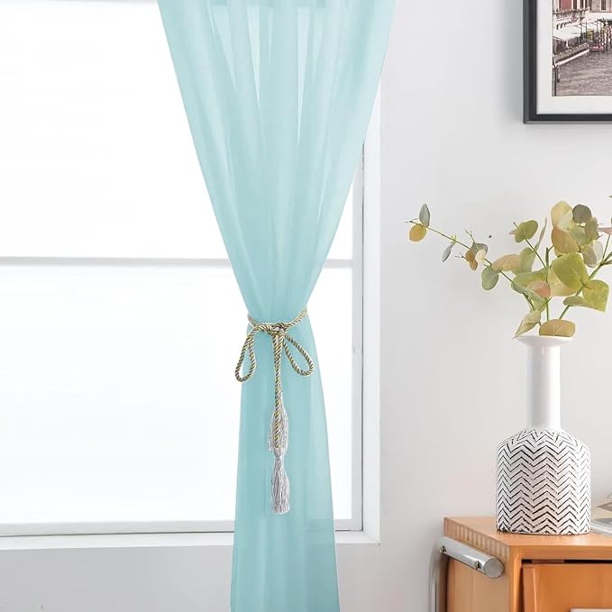 SpaceDresser Basic Rod Pocket Sheer Voile Window Curtain Panels Sky Blue 1 Pair 2 Panels 52 Width 96 Inch Long for Kitchen Bedroom Children Living Room Yard（Sky Blue, 52W x 96L）