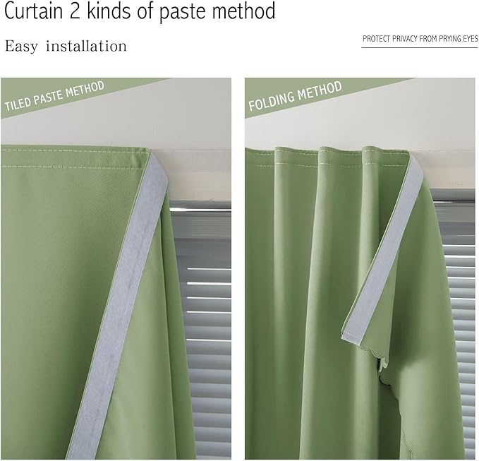 Magic Tape Blackout Curtains for Bedroom No Drillng Self Adhesive Curtains No Rod Small Window, 59" W X 59" L, Sage Green, 1 Panel