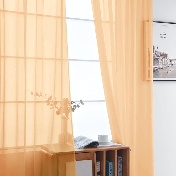 SpaceDresser Sheer Voile Window Treatment Rod Pocket Curtain Panels for Kitchen Bedroom Living Room Drapes Sunlight Filtering Privacy Semi Home Decor Assorted Colors Sizes (Beige, 52 W x 63 L)