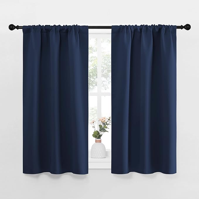 NICETOWN Kitchen Curtains, Short Blackout Curtains & Drapes, Thermal Insulated Rod Pocket Window Treatment Draperies for Nursery (Navy, 34 in x 45 in (W x L), Set of 2)