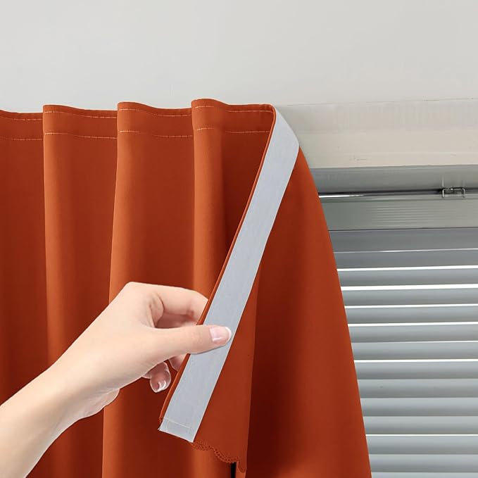 Self Adhesive Curtains Portable Blackout Curtain Simple and Easy to Install Bedroom Window Thermal Lnsulated Kitchen Room Darkening Black Small Drapes, 47" W X 59" L, Orange, 1 Panel
