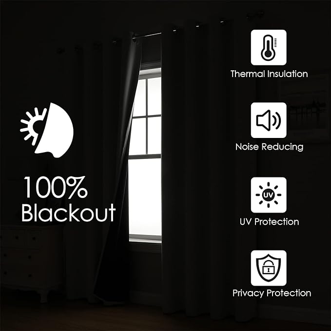 ChrisDowa 100% Blackout Curtains 90 inch Long for Bedroom with Black Liner, 2 Thick Layers Total Blackout Thermal Insulated Grommet Long Window Curtains 2 Panels Set (Royal Purple, 52 x 90 Inch)