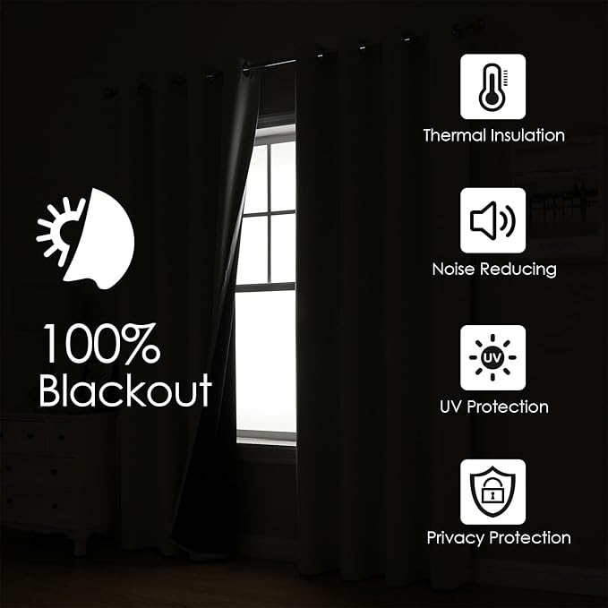 ChrisDowa 100% Blackout Curtains for Bedroom with Black Liner, 2 Thick Layers Total Blackout Thermal Insulated Grommet Small Window Curtains 2 Panels Set (Navy Blue, 42 x 54 Inch)