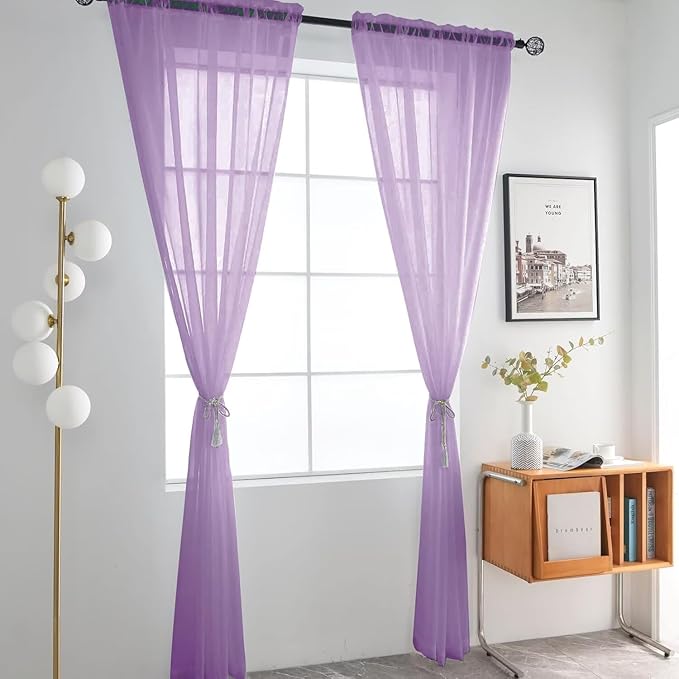 SpaceDresser Sheer Voile Window Treatment Rod Pocket Curtain Panels for Kitchen Bedroom Living Room Drapes Sunlight Filtering Privacy Semi Home Decor Assorted (Lavender, 52 W x 84 L)