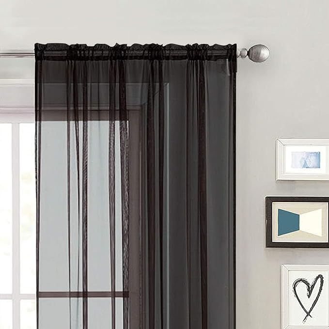 SpaceDresser Basic Rod Pocket Sheer Voile Window Curtain Panels White 1 Pair 2 Panels 60 Width 84 Inch Long for Kitchen Bedroom Children Living Room Yard(Black,60 W x 84 L)