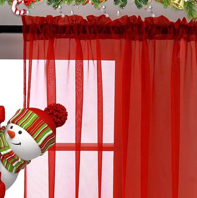 SpaceDresser Sheer Voile Window Treatment Rod Pocket Curtain Panels for Kitchen Bedroom Living Room Drapes Sunlight Filtering Privacy Semi Home Decor Assorted (Red, 52 W x 45 L)