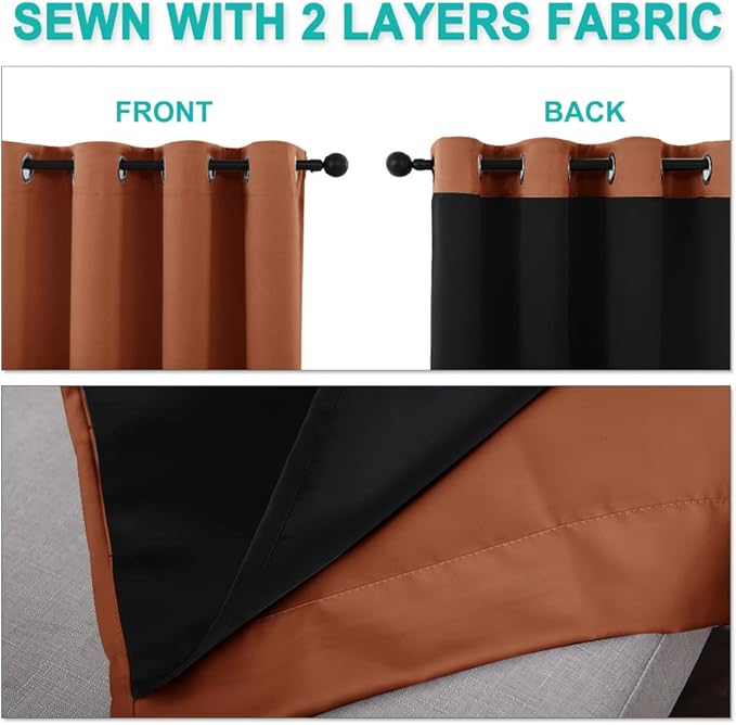 NICETOWN 100% Blackout Curtains for Windows, Pack of 2, Burnt Orange, 52" W x 120" L, Super Heavy-Duty Black Lined Total Darkness Drapes for Bedroom, Privacy Assured Window Treatment for Patio