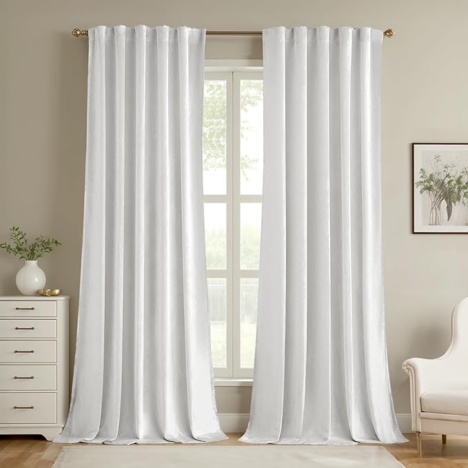 MIULEE Velvet Curtains 96 inches - Luxury Curtains for Bedroom Living Room Thermal Insulated Super Soft Room Darkening Window Drapes Rod Pocket & Back Tab, White, W52 x L96 inches, 2 Panels