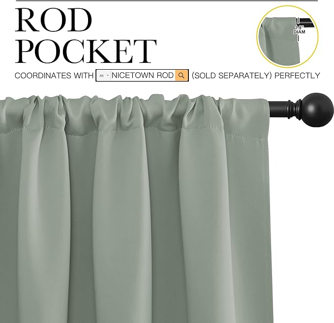 NICETOWN 2 Panels Blackout Curtains, Rod Pocket Window Curtains Room Darkning Drapes for Bedroom/Living Room, Thermal Insulated Solid Draperies for Home Office/Study, 62 by 72-Inch, Greyish Green