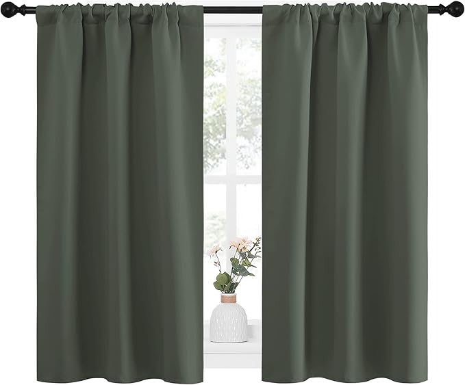 NICETOWN Bedroom Curtains Blackout Draperies - All Season Thermal Insulated Solid Rod Pocket Top Blackout Curtains/Drapes for Kid's Room (Dark Mallard, 1 Pair, 34 x 40 Inch)