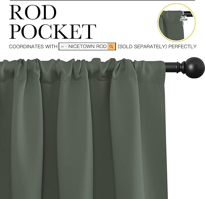 NICETOWN Bedroom Curtains Blackout Draperies - All Season Thermal Insulated Solid Rod Pocket Top Blackout Curtains/Drapes for Kid's Room (Dark Mallard, 1 Pair, 34 x 30 Inch)