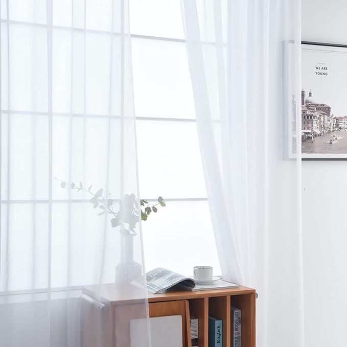 SpaceDresser Basic Rod Pocket Sheer Voile Window Curtain Panels White 1 Pair 2 Panels 52 Width 90 Inch Long for Kitchen Bedroom Children Living Room Yard(White,52 W x 90 L)