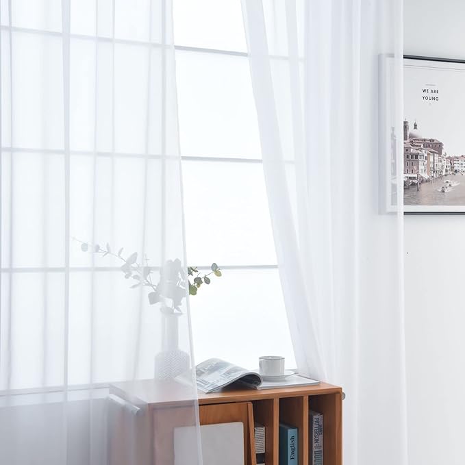 SpaceDresser Basic Rod Pocket Sheer Voile Window Curtain Panels White 1 Pair 2 Panels 70 Width 63 Inch Long for Kitchen Bedroom Children Living Room Yard(White,70 W x 63 L)