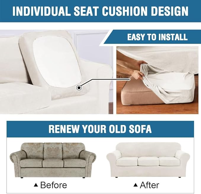 H.VERSAILTEX Rich Velvet Stretch 2 Piece Chair Cover Chair Slipcover Sofa Cover Furniture Protector Couch Soft with Elastic Bottom Chair Couch Cover Width Up to 49 Inch (Chair, Porcelain White)