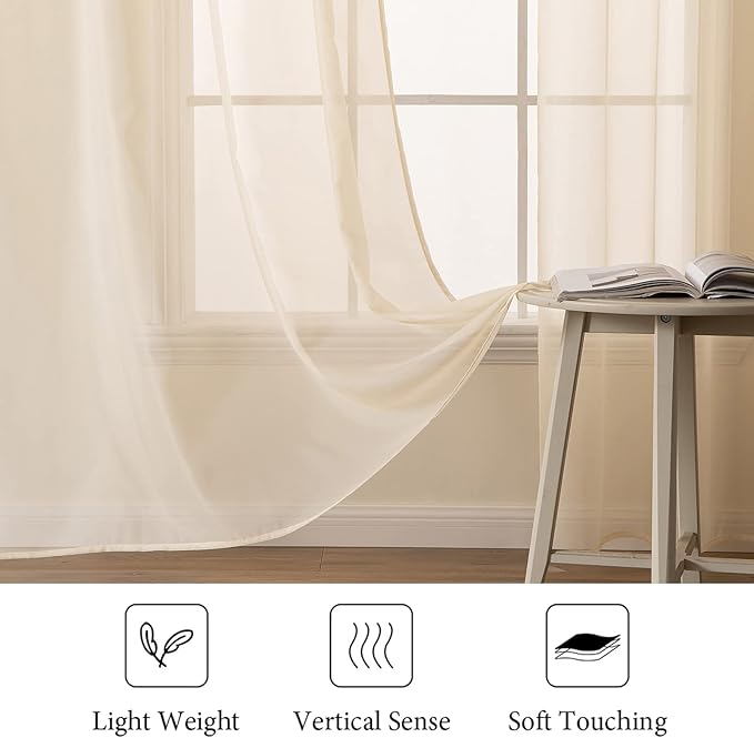 MIULEE Cream Beige Window Sheer Curtains for Bedroom Living Room Solid Elegant Net Drapes 2 Panels Width 38 x Length 84 Inches