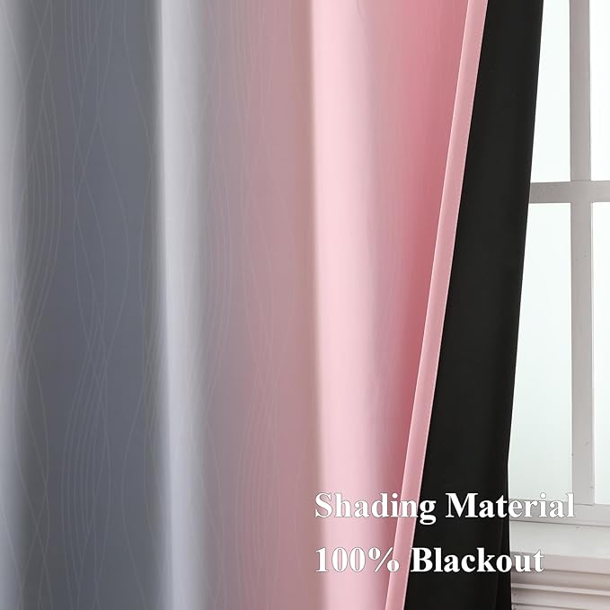 Pink and Grey Blackout Curtains 45 inches Long,Ombre Full Room Darkening Window Curtains for Living Room,Grommet Thermal Insulated Drapes,Light Blocking Curtains for Girls Bedroom,52x45 Inch, 2 Panels