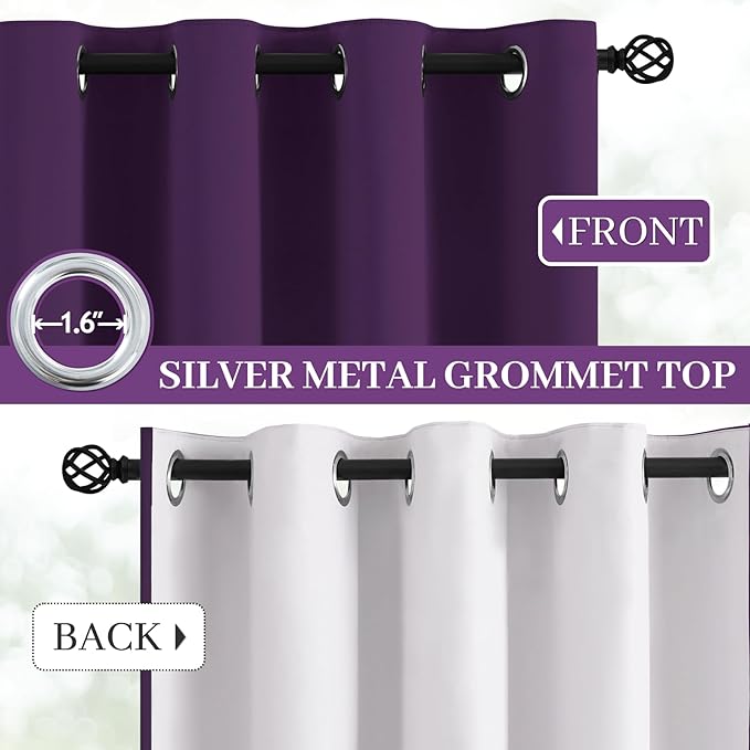 Yakamok Room Darkening 100% Blackout Curtains Grommet Window Treatments with 2 Thick Layers-Purple Thermal Insulated Drapes Set of 2 Panels for Bedroom Living Room 52 Inches by 84 Inches Length