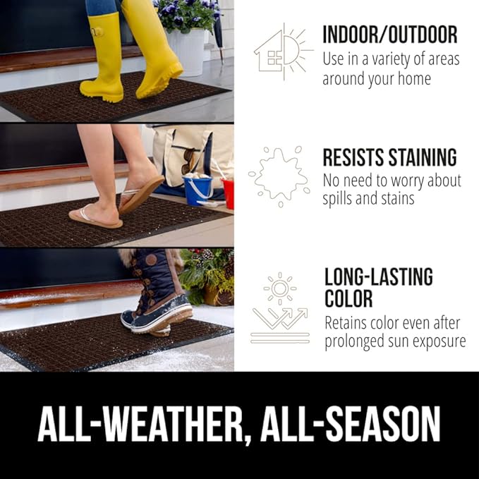 GORILLA GRIP 100% Waterproof All-Season WeatherMAX Doormat, 72x24, US Designed Natural Rubber, Stain and Fade Resistant, Low Profile Indoor Outdoor Door Mats, Easy Clean Patio Mat, Coffee Squares